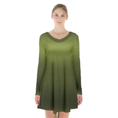 Army Green Gradient Color Long Sleeve Velvet V-neck Dress by SpinnyChairDesigns