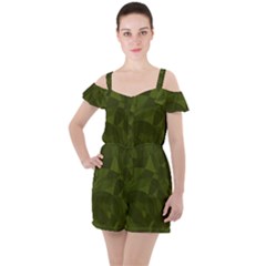 Army Green Color Pattern Ruffle Cut Out Chiffon Playsuit by SpinnyChairDesigns