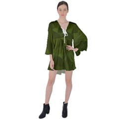 Army Green Color Pattern V-neck Flare Sleeve Mini Dress by SpinnyChairDesigns