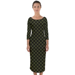 Army Green And Black Plaid Quarter Sleeve Midi Bodycon Dress by SpinnyChairDesigns