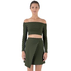 Army Green And Black Plaid Off Shoulder Top With Skirt Set by SpinnyChairDesigns