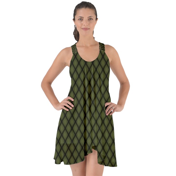 Army Green and Black Plaid Show Some Back Chiffon Dress