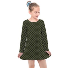 Army Green And Black Plaid Kids  Long Sleeve Dress by SpinnyChairDesigns