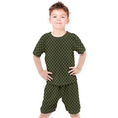 Army Green And Black Plaid Kids  Tee And Shorts Set