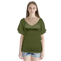 Army Green Color Polka Dots V-neck Flutter Sleeve Top by SpinnyChairDesigns