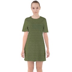 Army Green Color Polka Dots Sixties Short Sleeve Mini Dress by SpinnyChairDesigns