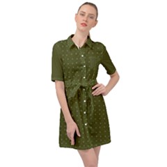 Army Green Color Polka Dots Belted Shirt Dress by SpinnyChairDesigns