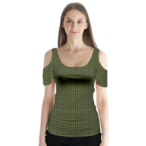 Army Green Color Polka Dots Butterfly Sleeve Cutout Tee  by SpinnyChairDesigns