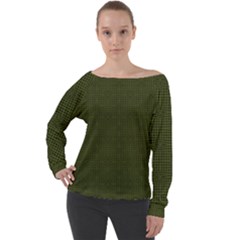 Army Green Color Polka Dots Off Shoulder Long Sleeve Velour Top by SpinnyChairDesigns