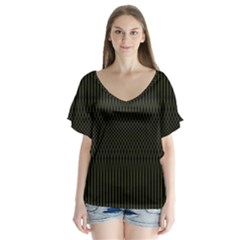 Army Green Black Stripes V-neck Flutter Sleeve Top by SpinnyChairDesigns