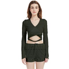 Army Green Black Stripes Velvet Wrap Crop Top by SpinnyChairDesigns