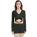 Army Green Black Stripes Velvet Wrap Crop Top View1