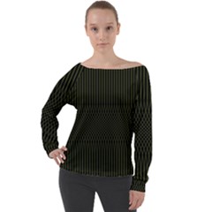 Army Green Black Stripes Off Shoulder Long Sleeve Velour Top by SpinnyChairDesigns