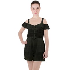 Army Green Black Stripes Ruffle Cut Out Chiffon Playsuit by SpinnyChairDesigns