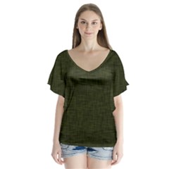 Army Green Texture V-neck Flutter Sleeve Top by SpinnyChairDesigns