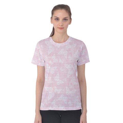 Ballet Pink White Color Butterflies Batik  Women s Cotton Tee by SpinnyChairDesigns