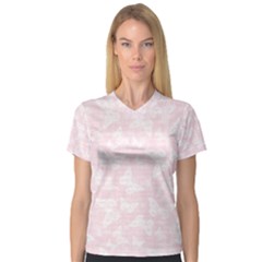 Ballet Pink White Color Butterflies Batik  V-neck Sport Mesh Tee