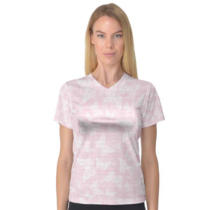 Ballet Pink White Color Butterflies Batik  V-Neck Sport Mesh Tee