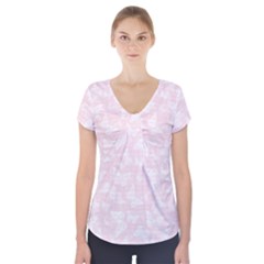 Ballet Pink White Color Butterflies Batik  Short Sleeve Front Detail Top by SpinnyChairDesigns