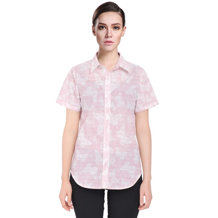 Ballet Pink White Color Butterflies Batik  Women s Short Sleeve Shirt