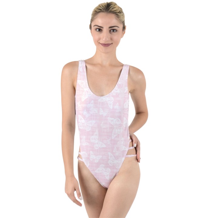 Ballet Pink White Color Butterflies Batik  High Leg Strappy Swimsuit