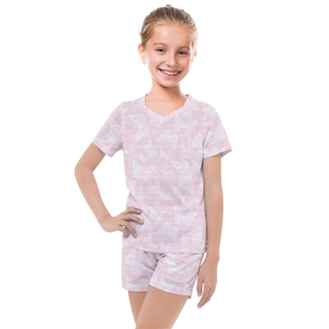 Ballet Pink White Color Butterflies Batik  Kids  Mesh Tee And Shorts Set by SpinnyChairDesigns