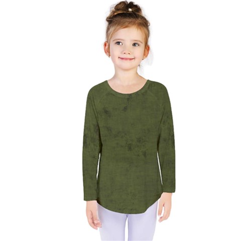 Army Green Color Grunge Kids  Long Sleeve Tee by SpinnyChairDesigns