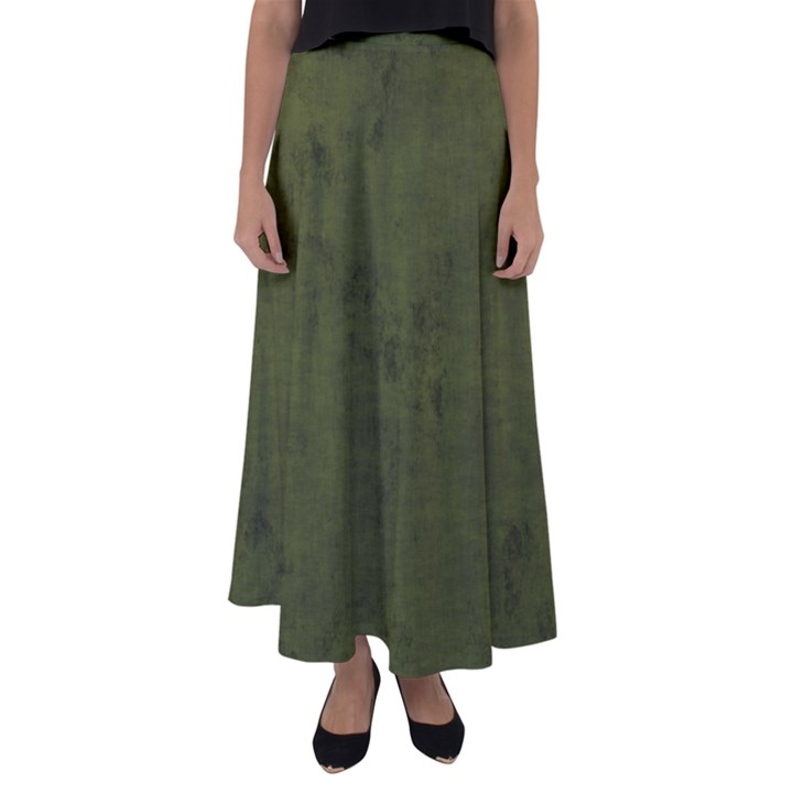 Army Green Color Grunge Flared Maxi Skirt