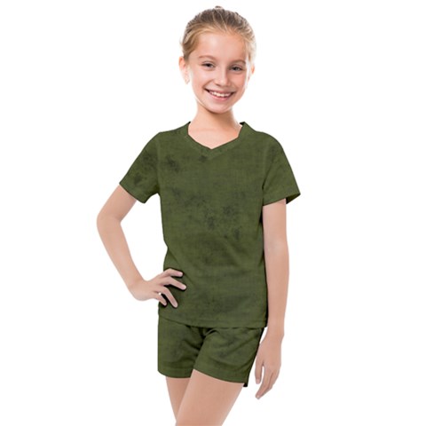 Army Green Color Grunge Kids  Mesh Tee And Shorts Set by SpinnyChairDesigns