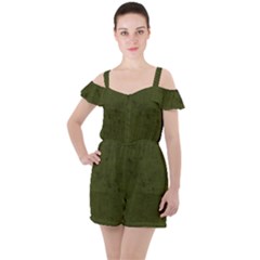 Army Green Color Grunge Ruffle Cut Out Chiffon Playsuit by SpinnyChairDesigns