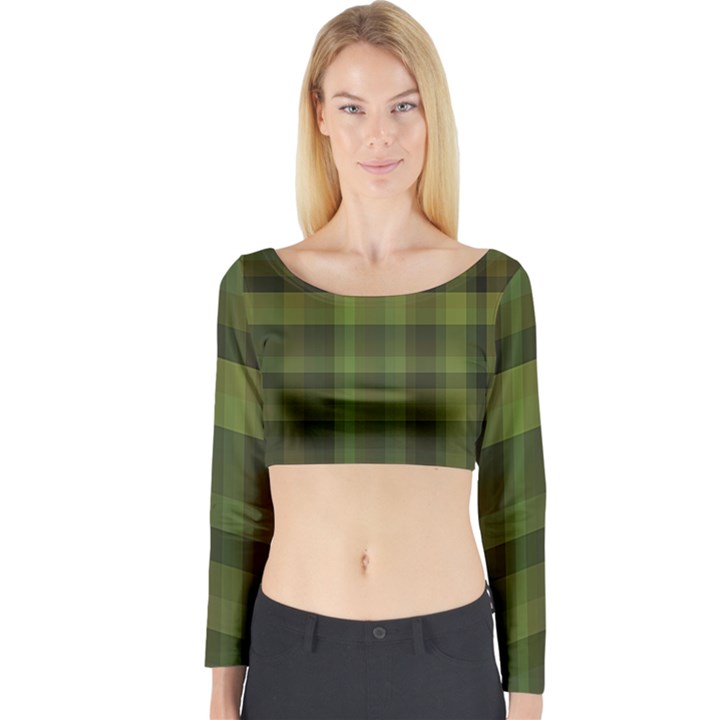 Army Green Color Plaid Long Sleeve Crop Top