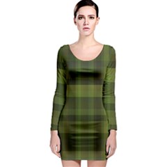 Army Green Color Plaid Long Sleeve Bodycon Dress by SpinnyChairDesigns