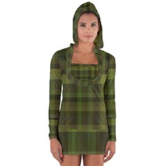 Army Green Color Plaid Long Sleeve Hooded T-shirt by SpinnyChairDesigns