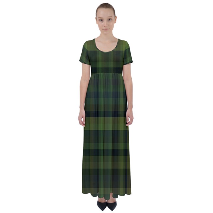 Army Green Color Plaid High Waist Short Sleeve Maxi Dress