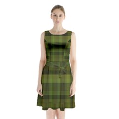 Army Green Color Plaid Sleeveless Waist Tie Chiffon Dress by SpinnyChairDesigns