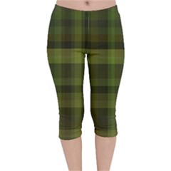 Army Green Color Plaid Velvet Capri Leggings  by SpinnyChairDesigns