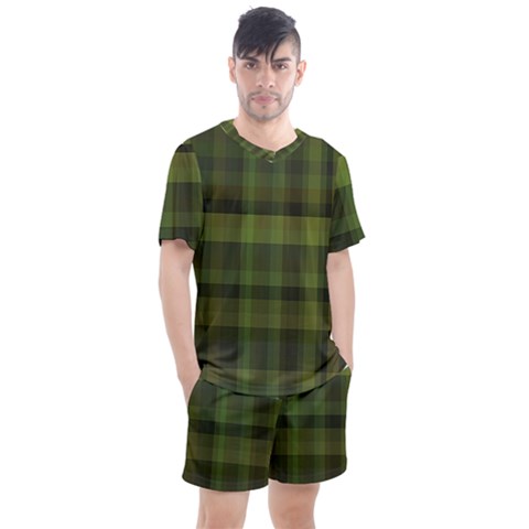 Army Green Color Plaid Men s Mesh Tee And Shorts Set by SpinnyChairDesigns