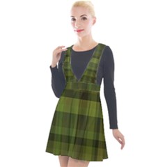 Army Green Color Plaid Plunge Pinafore Velour Dress by SpinnyChairDesigns