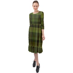 Army Green Color Plaid Ruffle End Midi Chiffon Dress by SpinnyChairDesigns