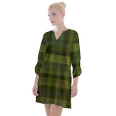 Army Green Color Plaid Open Neck Shift Dress