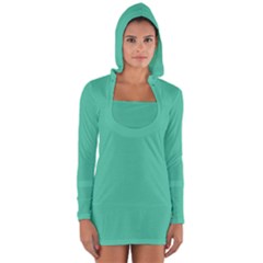 True Biscay Green Solid Color Long Sleeve Hooded T-shirt by SpinnyChairDesigns