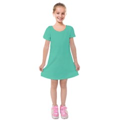 True Biscay Green Solid Color Kids  Short Sleeve Velvet Dress by SpinnyChairDesigns