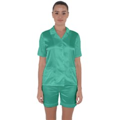 True Biscay Green Solid Color Satin Short Sleeve Pyjamas Set by SpinnyChairDesigns