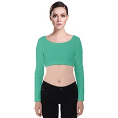 True Biscay Green Solid Color Velvet Long Sleeve Crop Top by SpinnyChairDesigns