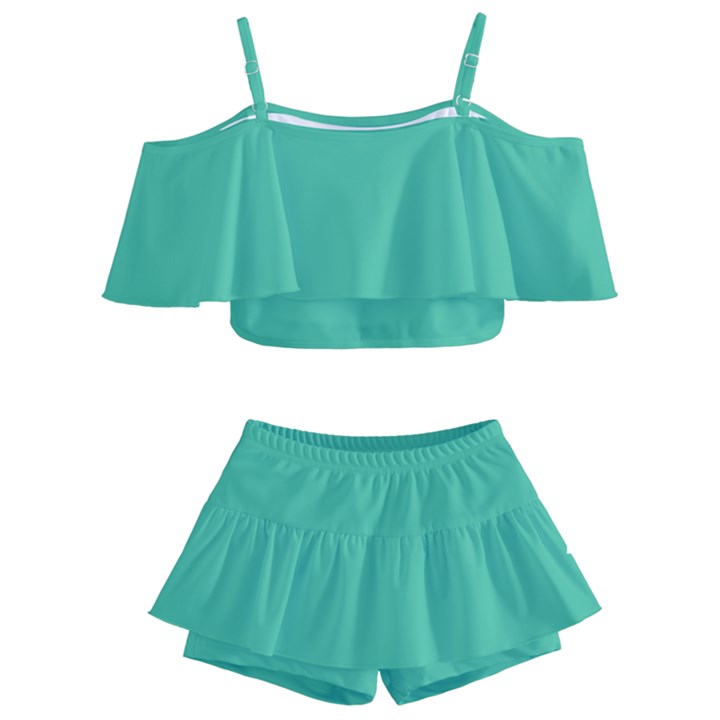 True Biscay Green Solid Color Kids  Off Shoulder Skirt Bikini