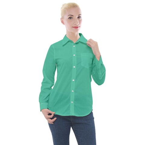 True Biscay Green Solid Color Women s Long Sleeve Pocket Shirt by SpinnyChairDesigns