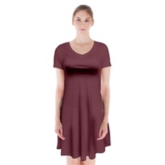 True Burgundy Color Short Sleeve V-neck Flare Dress by SpinnyChairDesigns