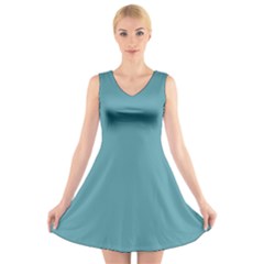 True Cadet Blue Teal Color V-neck Sleeveless Dress by SpinnyChairDesigns