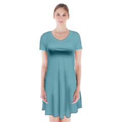 True Cadet Blue Teal Color Short Sleeve V-neck Flare Dress by SpinnyChairDesigns