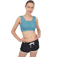 True Cadet Blue Teal Color V-back Sports Bra by SpinnyChairDesigns